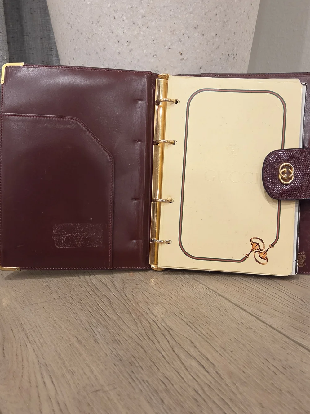 Vintage Gucci Burgundy Lizard-Embossed Leather Agenda Planner Cover With Gold